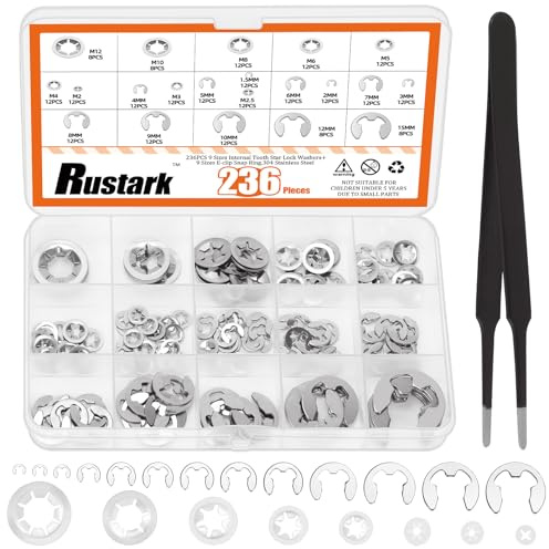 Rustark 237 Stück 304 Edelstahl M2-M12 Innenzahn Star Locking Unterlegscheiben und 12 Größen E-Clips E Externe Sicherungsringe Sortiment Set für Befestigen Wellen Lager