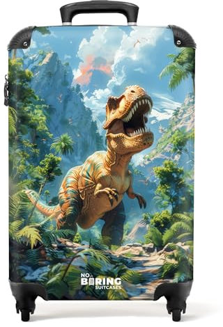 NoBoringSuitcases.com Kinderkoffer Jungen, Hartschalenkoffer, Reisekoffer, Koffer Kinder Jungen, Kindertrolley Jungen, Handgepäck Trolley 55x40x20 cm (T-Rex im Dschungel - Grün)