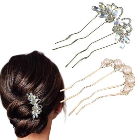 WHYCNJL 2 Pièces Epingle Cheveux Femme avec Perles et Strass, Pince Chignon, Accessoires Pour Chignons