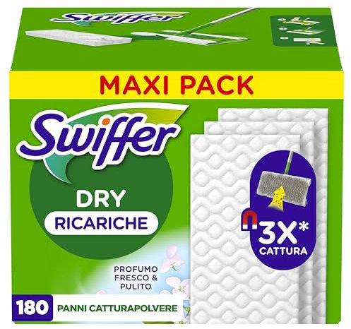 Swiffer Panni Cattura Polvere, 180 Panni Microfibra Dry, Cattura Polvere e Sporco, Ottimo per Tutti i Tipi di Pavimenti e per i Peli di Animali, Giga Formato