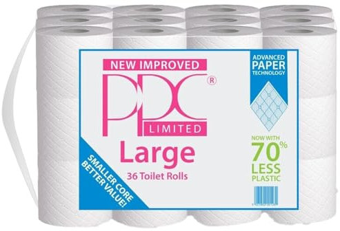 PPC Large White Premium 2-Ply Toilet Paper, 36 Rolls, 100 Sheets Per Roll, Soft, Strong, Absorbent Bath Tissue, Ideal for Home, Office, Bulk Toilet Paper Supply
