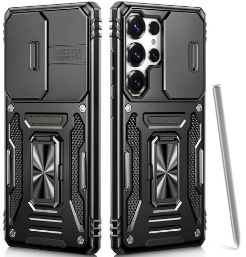 Cover per Galaxy S24 Ultra con Supporto,[Anello Magnetico Cavalletto][Copertura Fotocamera Scorrevole] Caso di Protezione delle lenti Militare per Samsung S24 Ultra, 6,8,Nero