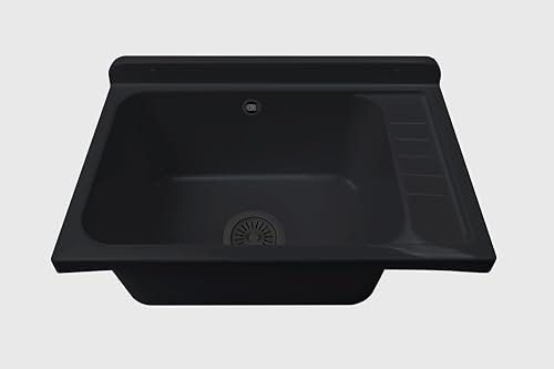 Negrari Fregadero de pared 2051FNAM de polipropileno negro con piletón de metal, resistente a los agentes atmosféricos, incluye kit de fijación y kit de desagüe, para exterior 58 x 38 x 21 cm