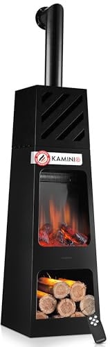 KAMINIO Caminetto elettrico da giardino KAI - Stufa de terrazzo elettrico con riscaldamento, effetto fiamma 3D, luce ambiente a LED, scomparto de legno, telecomando (X-Large con tubo)