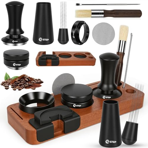 Y-Step 8 PCS Espresso Machine Accessories Kit: 51mm Espresso Tamper Tools, with Wood Coffee Espresso Tamping Station, WDT Tool, Distributor, Stirrer, Dosing Funnel, Brush, Puck Screen, Latte Art Pen