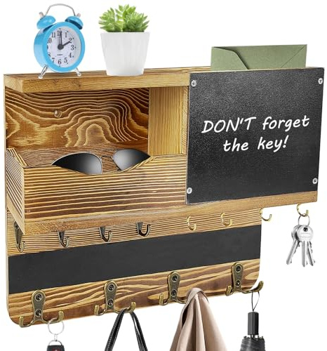 Radianeroryi Schlüsselbrett Holz, Ablage, Memoboard, Edelstahlhaken | Holz-Schlüsselbrett mit Ablage und Memoboard; Edelstahlhaken für Schlüssel, Post und kleine Accessoires, 1 Stück, Braun.