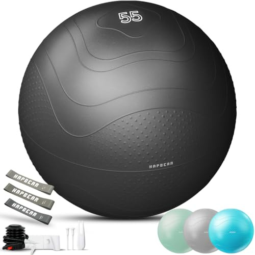 HAPBEAR Gymnastikball & Sitzball (55/65/75 cm) – Anti-Burst, rutschfest Mit Massage-Noppen, Extra Dickes PVC, Bis 200 Kg – Komplettset Mit Fußpumpe & 3 Widerstandsbändern für Fitness, Büro & Yoga
