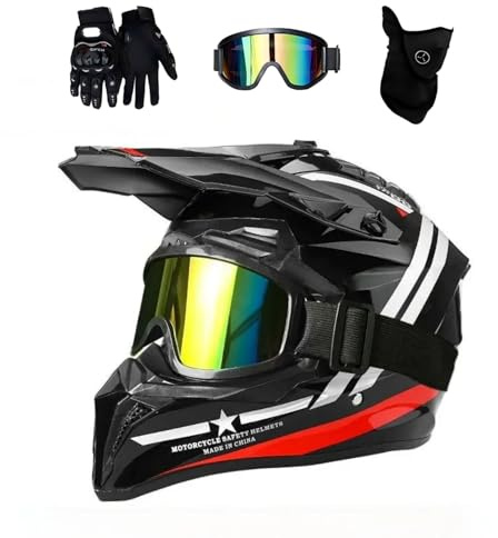 DriveNova Casque Intégral de Motocross et VTT, Casque Tout-Terrain pour Adultes avec Lunettes, Masque et Gants, Casque de Moto Downhill Intégral ATV (Rouge, S-M)