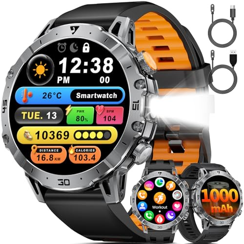 LIGE Smartwatch Herren Militär, 1000mAH Großer Akku, 1,7”HD Großes Display mit Telefonfunktion, LED Taschenlampe Fitnessuhr mit 110+ Sportmodi, Herz-/Schlaftracking,IP68 Sportuhr iOS/Android,EF18-E