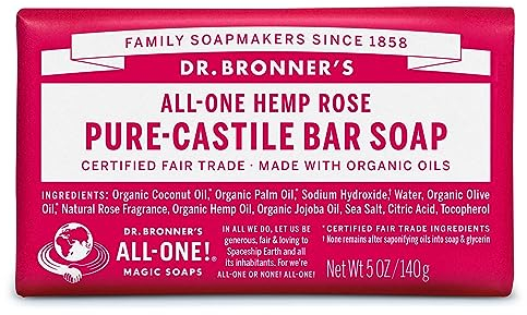 Dr Bronner's 3-in-1 Rose Pure Castile Bar Soap, Made with Organic Oils and No Synthetic Preservatives, Used for Body, Face and Hair, Fair Trade Certified & Vegan Friendly, 140g Bar