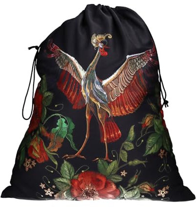 trendfinding Großer Wäschesack 15kg Fassungsvermögen, 60x70 cm aus 12OZ Baumwolle - Schwarz mit Blumenparadiesvogel-Design, Transferdruck und beidseitiger Zuziehkordel