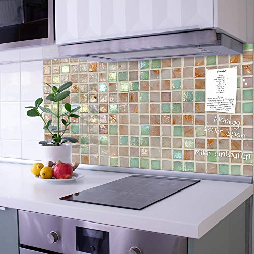 banjado Küchenrückwand Glas ohne Bohren 100x50cm – Glasrückwand Küche mit Motiv Grüne Fliesen/Spritzschutz Küchenrückwand Glas/selbstklebende Küchenrückwand Platte - magnetisch & beschreibbar