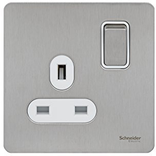 Schneider Electric GU3410WSS Ultimate Screwless Flat Plate, Switched Single Power Socket, Stainless Steel with White Insert, 13 A, 1 Gang