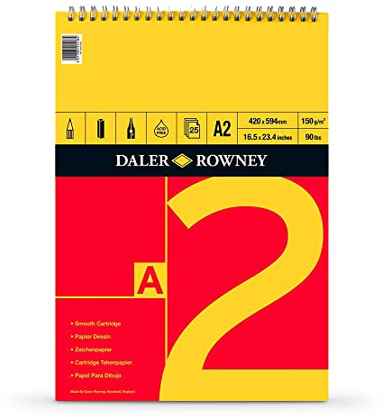 Daler-Rowney Red and Yellow, Drawing Paper, Smooth Surface, 150 gsm, 90lb, Spiral Pad, A2 - 16.5 x 23.4in - 42 x 59.4 cm, 25 Sheets