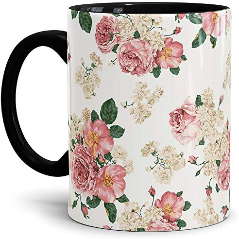 Tassendruck Blumenmustertasse mit Rosen Innen und Henkel Schwarz - Kaffeetasse/Mug/Cup - Qualität Made in Germany