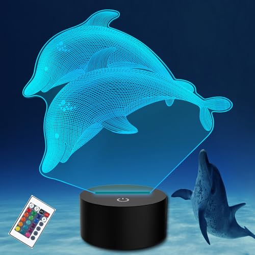 PONLCY 3D Illusion Lampe Delfin Led Nachtlicht, 16 Farben Fernbedienung USB Schreibtischlampen, Schlafzimmer Dekoration Tischlampe für Kinder Weihnachten Geburtstag Geschenke