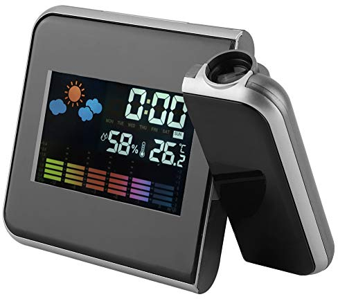 AUNMAS Digital LED USB Alarm Clock, 5.9 * 4.3 * 0.8in Black Plastic LED Weather Projector Temperature Display Weather Forecast Projector Calendar Humidity Display Alarm Clock for Bedrooms(1#)