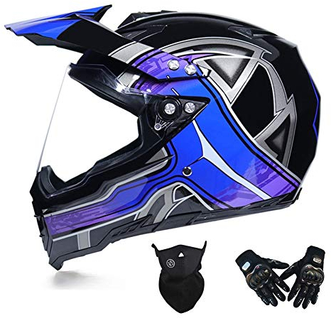 MRDEAR Motocross Helm mit Visier, Motorrad Crosshelm/ Handschuhe/ Maske, Motorradhelm Schwarz Blau Off Road Helm Fullface MTB Schutzhelm für Herren Damen Sicherheit Schutz,M