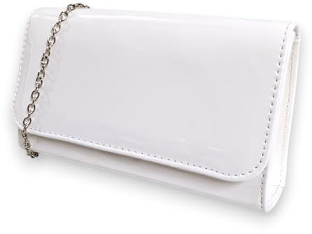 fi9® Pochette da donna in tinta unita, in vernice per matrimoni, feste, balli e serate, bianco, medium