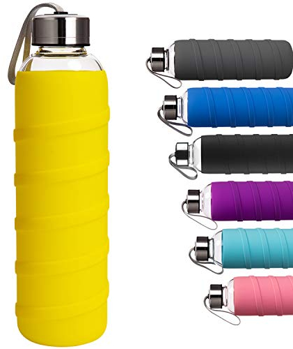 Ferexer BPA Free Reusable Borosilicate Glass Water Bottle with Silicone Sleeve 1000 ml / 1 Liter Yellow