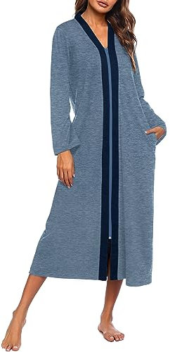Ekouaer Damen-Bademantel mit Reißverschluss, langärmelig, Loungewear, leicht, Hausmantel, volle Länge, Nachthemd mit Taschen, Blau, X-Large