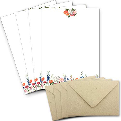25 Briefbogen-Sets DIN A4 - Motiv bunte Blumenwiese auf Naturpapier - mit Briefumschlägen DIN C6 aus ökologischem Graspapier Briefpapier bedruckbar ideal für Hochzeitseinladungen