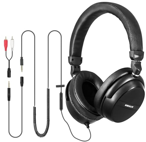 SIMOLIO Auriculares de TV con control de volumen, cable en espiral de 15 pies más cable extendido de 10 pies, compatible con salida RCA y AUX de 3.5 mm, ordenador portátil, tableta -SM-906