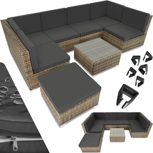 TecTake Salon de Jardin en Rotin Salon de Jardin Modulable Confortable, Lounge en rotin, Meubles de Jardin, Canapé Ensemble: 6 Fauteuil 1 Tabouret Pouf 1 Table - Marron Naturel