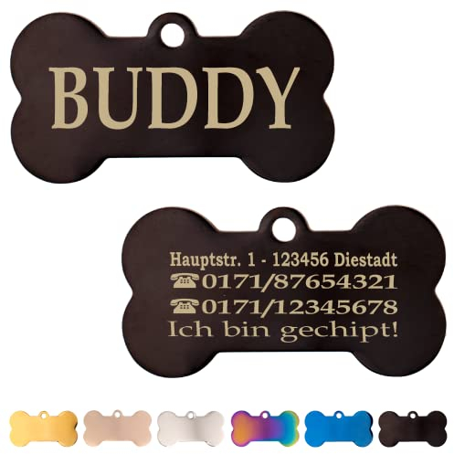 Ibera gifts - Hundemarke mit Gravur und personalisierte Hundemarke in Knochenform für mittelgroße bis große Haustiere (Schwarz)