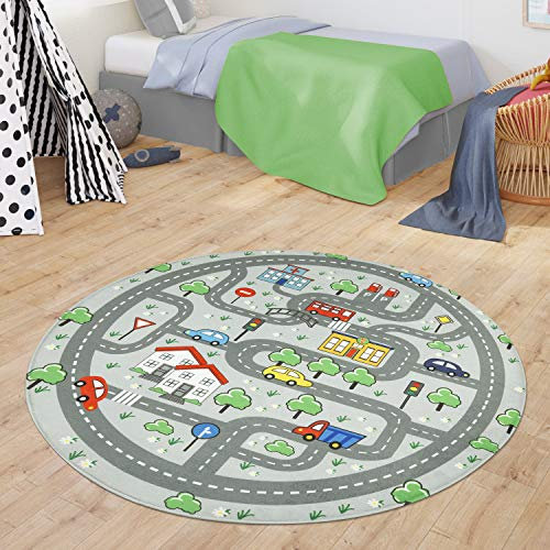 TT Home Teppich Kinderzimmer Spielteppich Babymatte Junge Straßenteppich Auto Stadt, Farbe:Grau, Größe:120 cm Rund
