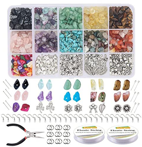 Perlas de piedras preciosas naturales, kit de creación de joyas artesanales, collar, pulsera, pendientes, set para joyas, collares, creaciones (1 caja de 15 colores, aproximadamente 980 unidades)