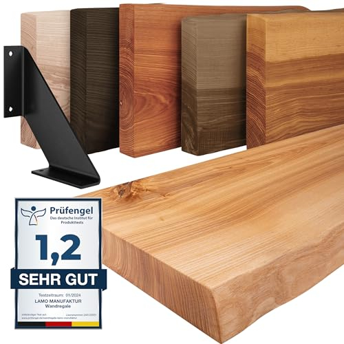 LAMO Manufaktur Wandregal Holz Baumkante | Regal Farbe: Natur | mit schwarzem Vintage Regalträger | 160 cm
