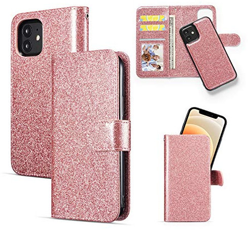 QLTYPRI case for iPhone 13 Pro, Premium PU Leather Rubber Silicone Bumper Card Holder Magnetic Detachable Wallet Case Cover for iPhone 13 Pro - Rose Gold