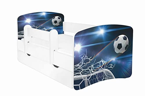 AS-TOR Kinderbett Jugendbett Hugo 80x160cm mit Matratze, Schublade und Abnehmbarem Geländer - Bett Schlafzimmer Kindermöbel Kinderbetten für Mädchen und Junge, Massivholz, Solide und Sicher - Fußball