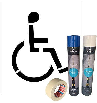 Pochoir Handicapé + 2 bombes de Peinture de Marquage au Sol + Adhésif de Masquage. Kit Pochoir Stationnement PMR 70 x 80 cm