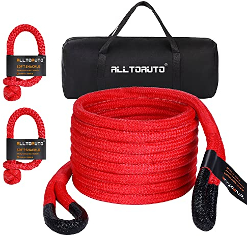AlltoAuto 2,5 cm x 9,2 m kinetisches Recovery & Abschleppseil (15 kg), mit 2 weichen Schäkeln (15 kg) Offroad-Recovery Kit für 4WD Pick Up Truck, SUV, ATV, UTV (rot)