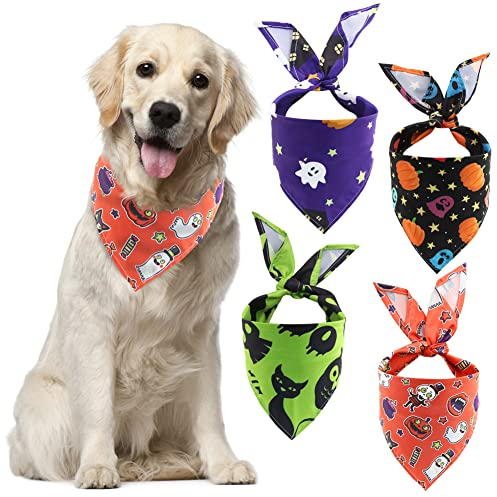 Halloween-Hundehalstücher, 4 Stück, dreieckige Schals für Hunde, verstellbarer Premium-strapazierfähiger Stoff, Kürbis-Geist, Hexe, Horror, Urlaub, mittelgroße und große Hunde, Katzen Haustiere