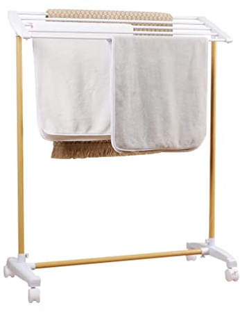 BAOYOUNI Porte-Serviettes sur roulettes avec 5 Barres en Métal Support pour Linge de Bain et Vêtements, Facile à Assembler, 83 X 32 X 91,8 cm, Blanc + Couleur du Grain du Bois