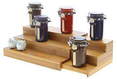 Woodquail Adjustable Kitchen Cupboard Organiser Spice Step Rack Shelf Serving Tray, Made of Natural Bamboo