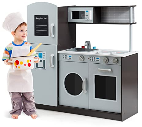 COSTWAY Kinderküche aus Holz, Spielküche mit Spüle und Wasserhahn, Herd mit Klickgeräuschen, Backofen & Mikrowelle, Spielzeugküche mit Tafel für Kinder ab 3 Jahren