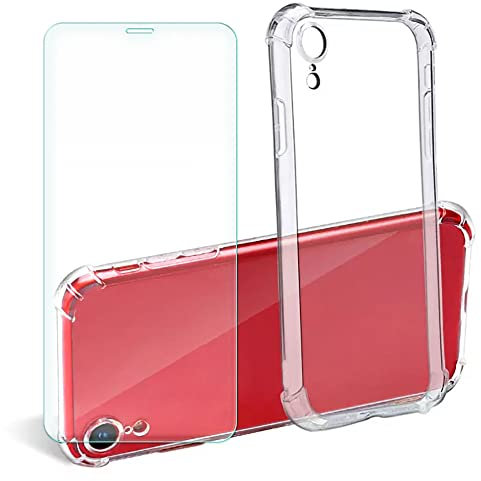SDTEK Case Compatible with iPhone XR, Soft Gel Clear Cover [Airbag Corners] + Tempered Glass Screen Protector 360 Protection