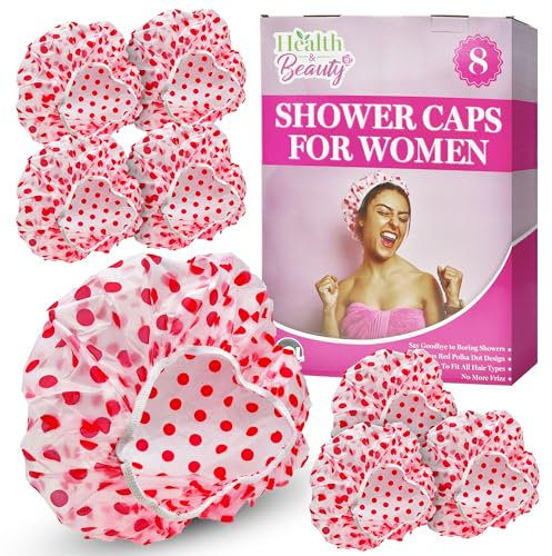 SOL 8pk Shower Caps for Women UK, Red Polka Dot Design, Waterproof Reusable & Disposable Bath Hat, Durable Plastic, Stretchable Elastic for All Hair Types, Travel-Friendly, Keeps Hair Dry & Protected