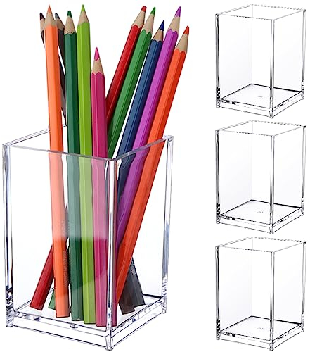 4 Pcs Acrylic Pen Holder Acrylic Pen Pot, Pen Pencil Holder Square Acrylic Pencil Organizer Transparent Pen Cup Clear Makeup Brush Holder Pencil Storage Basket for School Home, Office Desk Accessory