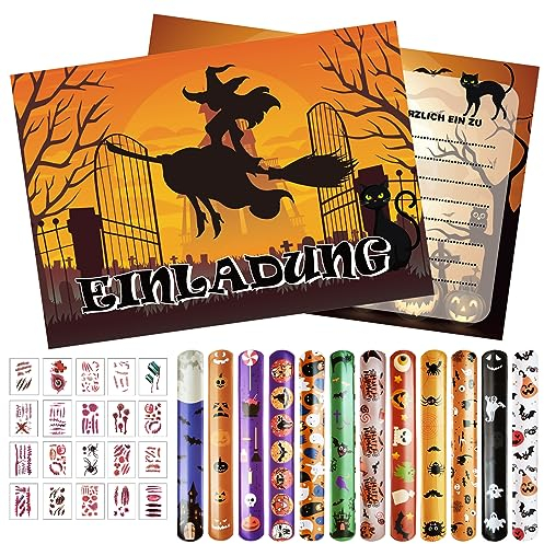 Leonshco 12 Halloween Party Einladungen, 12 Halloween Schnapparmband Kinder, 20 Narben-Tattoo-Aufkleber für Ostern Halloween Deko | Gruselige Party-Einladungen | Kindergeburtstagseinladungen
