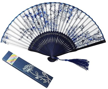 Royal Hong Beauty Pretty Tea Party Bamboo Fans, Handheld Folding Silk Hand Fan, Decorative Chinese Hand Held Foldable Fan for Women-Blue and White Porcelain Fans