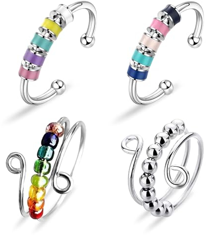Yeefunjoy 4er Set Silber Fidget Anti-Stress Ringe, Offene Anxiety Ringe mit Perlen, Verstellbare Anti-Stress Ring, Silber