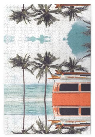 Buntes Bus-Palmen-Druck, Premium-Holz-Puzzle, 1000 Teile, Kunststoff-Box-Verpackung