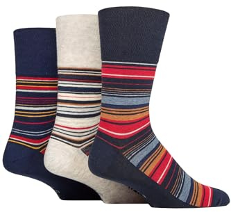 SockShop Gentle Grip Mens Striped Socks Patterned Stripey, Soft Honeycomb Top Comfort Cuff, 6-11 Pack of 3 - Cabana Ocean Blue