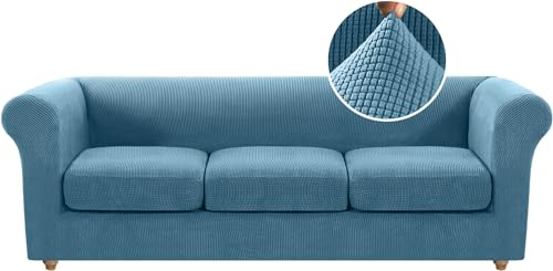 LINGKY Stretch Chesterfield Sofa Überzug 3 Sitzer, Elastischer Sofabezug Mit 3 Separaten Sofa Sitzkissenbezug, Elasthan Couch Überzug, Sofaschutz Katze Sofaüberwurf (Staubiges Blau,3 Sitzer)