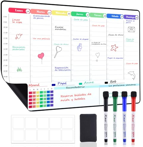 POPRUN Calendario Magnetico para Nevera, Planificador Semanal Magnetica, Organizador Familiar Pizarra Borrable, Ideal Planificador de Menú,Lista de la Compra, 42×28cm - en Español